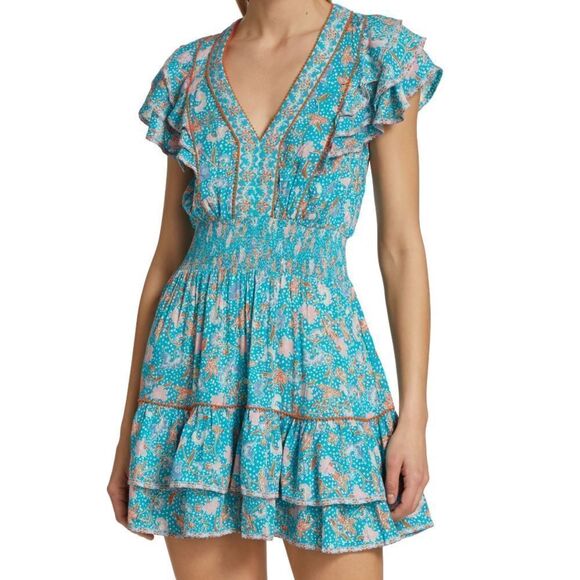 ✨NWT Poupette St Barth Camila Floral Duck Green Canary Ruffled Mini Dress - Picture 3 of 11
